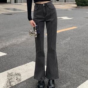 ルーズフィットポケット付き ベルボトムジーンズ デニム ジーンズ SHEIN 無地柄 ハイウェスト ブーツカット フレアジーンズ