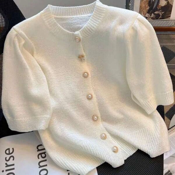 Franclia スタイリッシュ クルーネック パフスリーブ ニットトップ カーディガン ニット ホワイト パール