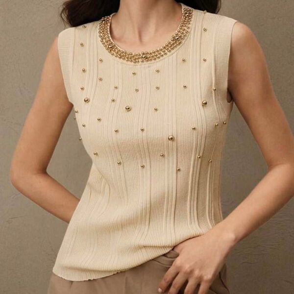 Anewsta ノースリーブ ビーズ付き ニット タンクトップ アプリコット SHEIN ゴールド