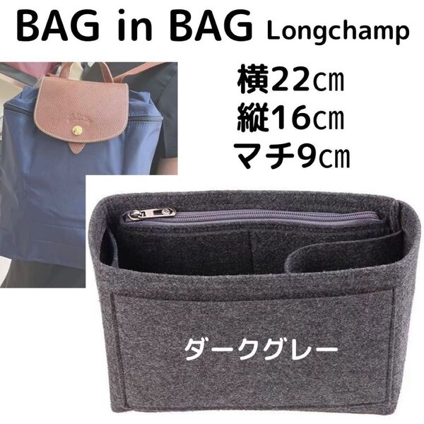 バッグインバッグ リュック ロンシャン 小物収納 整理 便利 ダークグレー