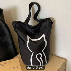 0961猫プリントバケツ型ナイロンショルダーバッグ