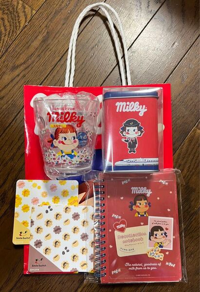 【未使用】ペコちゃん◇新幹線パーサー×ペコ ミルキー缶(角)アクリルカップ:デコレーションノートブック:コースター2枚 セット