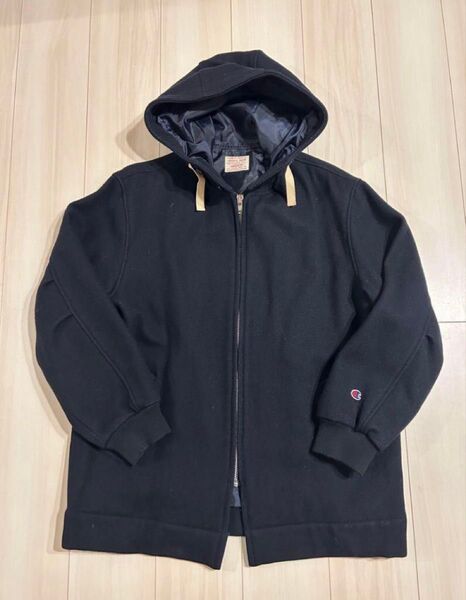 size M 日本製 チャンピオン ウールブルゾン フードコート パーカー ジップアップ ネイビー ジップアップパーカー