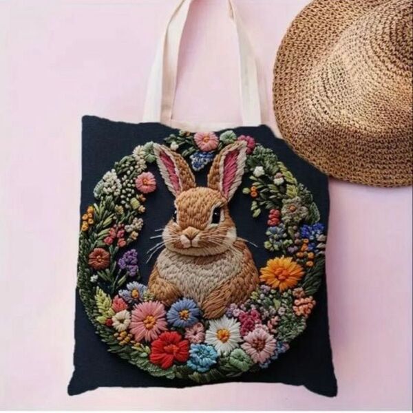 【新品】うさぎ ラビット お花 刺繍プリント イラスト トートバッグ キャンバスバッグ バッグ 軽量