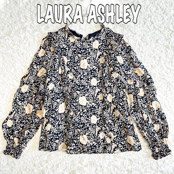 【LAURA ASHLEYローラアシュレイ】薔薇総柄 長袖ブラウス 花柄 黒 フリル