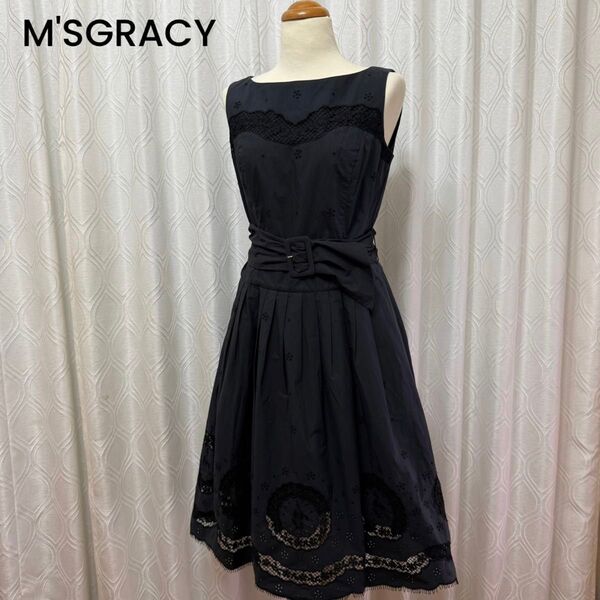 M'SGRACY エムズグレイシー 刺繍 レース フレア ウエストベルト ワンピース ノースリーブ ブラック 38 雑誌掲載モデル