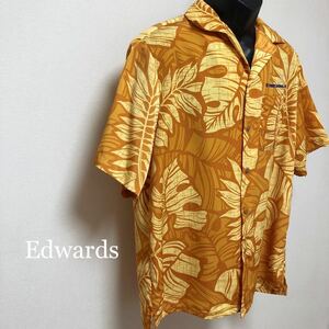 【Edwards】メンズ size M／半袖シャツ アロハシャツ ハワイアンシャツ オレンジ 総柄 胸ポケ 企業系 ポリエステル100% アメカジ USA古着