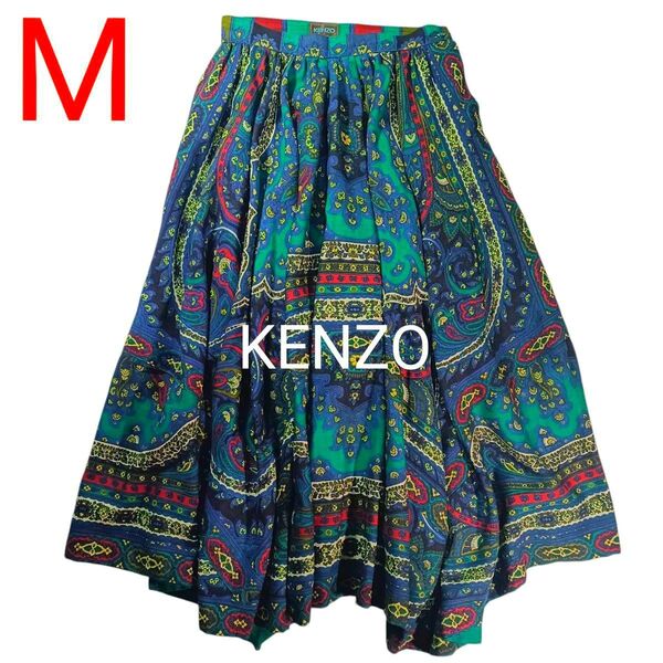 【KENZO】★ペイズリー柄ロングフレアスカート★アシンメトリー★ウール100%★ ギャザースカート★日本製★オールシーズン