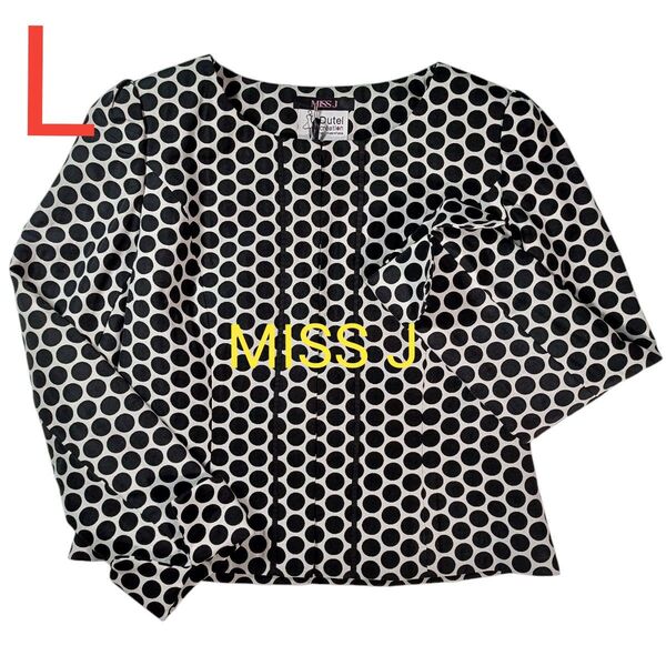【MISS J Dutel creation】★タグ付き未使用品★ドット柄ノーカラージャケット★白×黒★日本製★L★オールシーズン