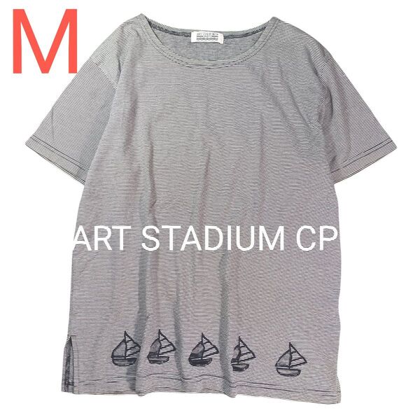 【ART STADIUM CP】★ボーダーTシャツ★ヨット★紺×白★綿100%★半袖カットソー★マリン★春夏★ゆったりシルエット