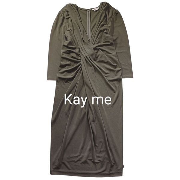 【Kay me】七分袖カシュクールワンピース ひざ丈 カーキ グリーン 日本製 上品 ストレッチ オールシーズン フォーマル