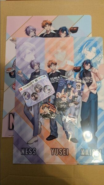 くら寿司×にじさんじ 北見遊征缶バッジ 3SKMトレーディングカード クリアファイル(2種)の4点セット