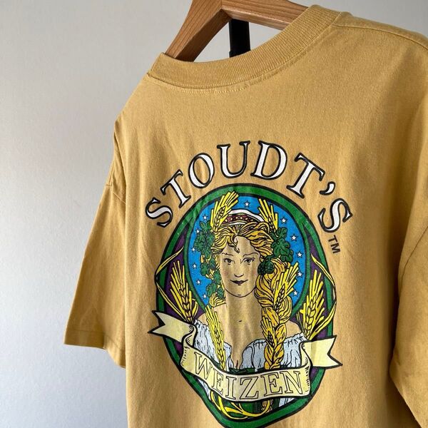 90s USA製 STOUDT's WEIZEN ビンテージTシャツ メンズ 半袖 マスタードカラー Lサイズ【シングルステッチ】