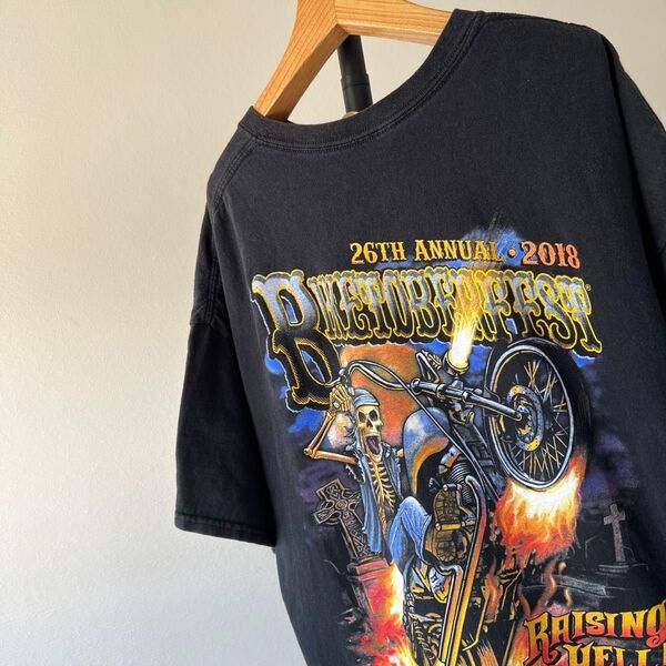 USA古着 rising hell ビンテージTシャツ バイク モーターサイクル レーシング スカル 髑髏 メンズ ブラック
