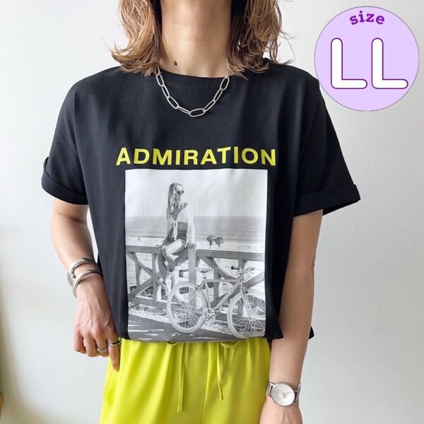 しまむら aqueous mayo フォトプリントTシャツ ブラック LL 半袖