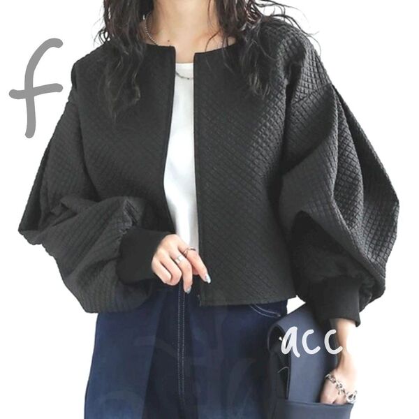 クロップド丈ジャケット 膨れジャガード ショート丈アウター ノーカラージャケット リブ袖口 海外 オシャレ クロップド丈 秋冬春