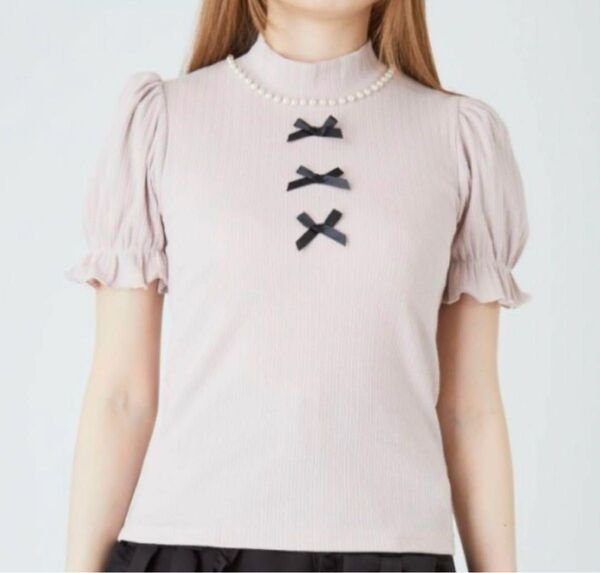Ank Rouge パール3つリボンフリルニット ピンク 半袖 ニット