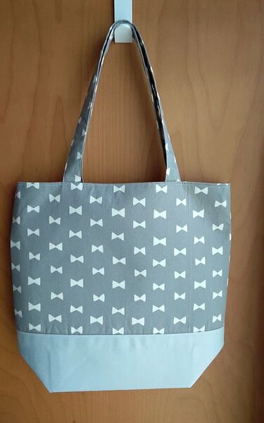 ハンドメイド トートバッグ リボン柄グレー