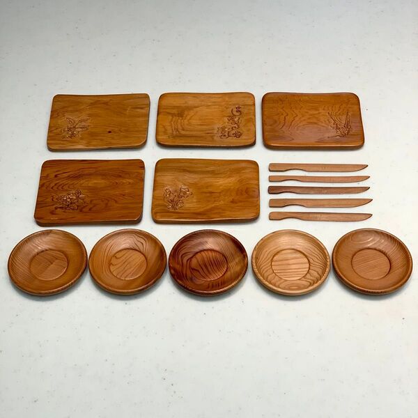 千寿屋久杉 自然花彫 銘々皿/菓子切り/茶托 5客セット