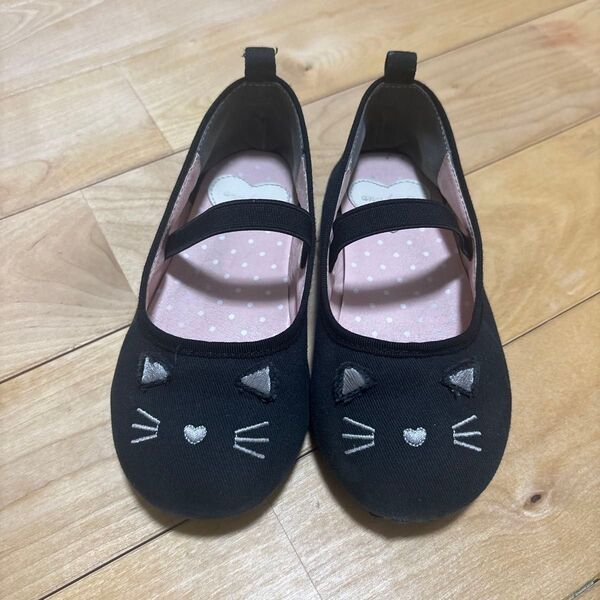 【クーポンで200円オフ】値下!キッズ18cm 女の子 猫耳デザイン バレエシューズ ブラックブラック靴くつ激安黒