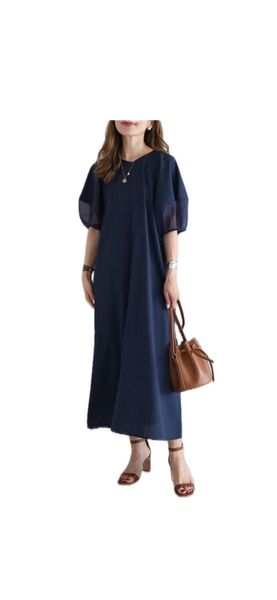 新品 激安 ボンジュールサガン ネイビー 半袖 ロングワンピース