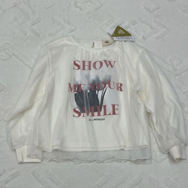 新品タグ付き マイリトルワンダー チュール付きTシャツ 120 ホワイト ロンT 長袖Tシャツ カットソー ロゴプリント