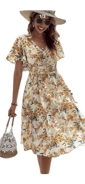 新品 花柄ワンピース オレンジ クリーム色 リゾート XXL