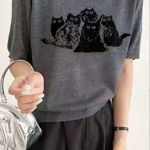 猫イラスト半袖ニットトップス グレー