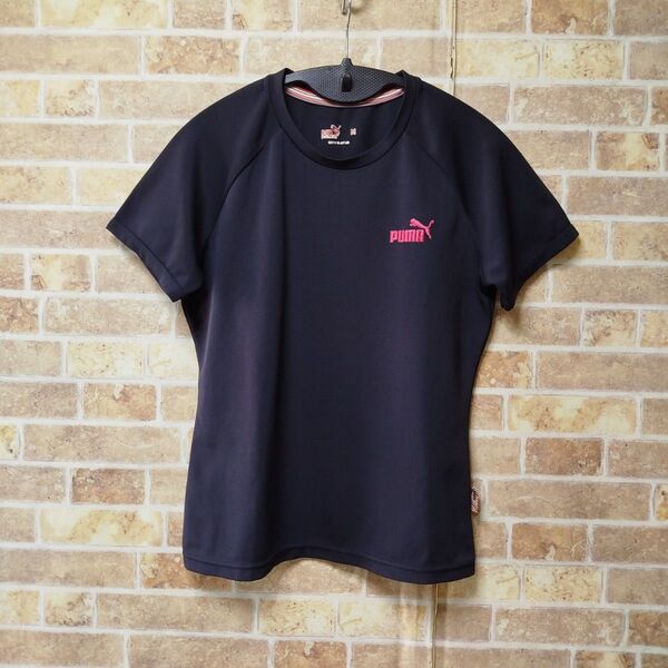 PUMA プーマ レディース スポーツ Tシャツ M ブラック ピンク刺繍ロゴ入り ストレッチ ラグラン袖