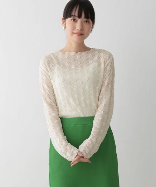 ローリーズファーム LOWRYS FARM シアーフラワージャガードロングスリーブ ホワイト トップス 長袖カットソー