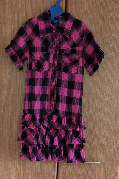 女の子 ピンク×黒 チェック柄 ワンピース 140cm