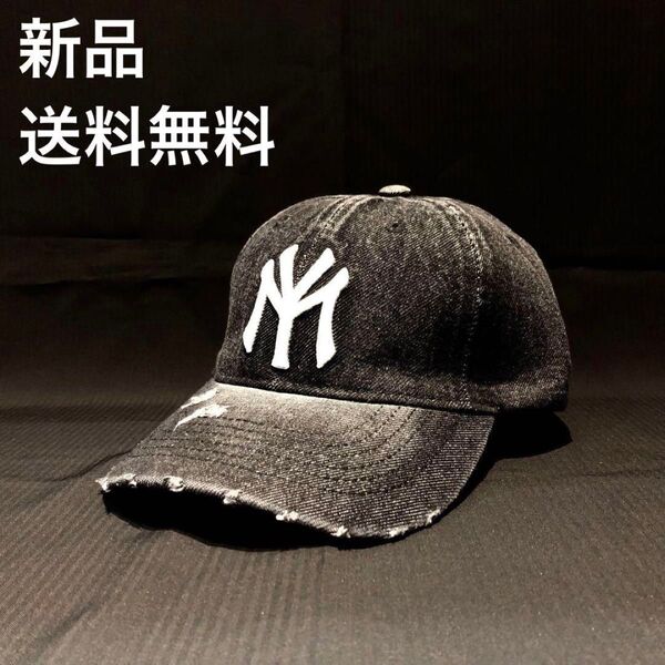 大トレンド★ビンテージライクデニム NYベースボールキャップ CAP 帽子 ブラック■ストリート好きな方へオススメ \SALE中/
