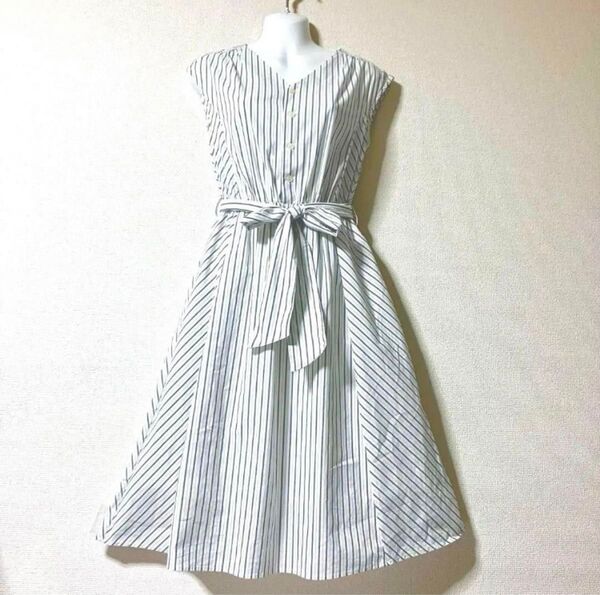 ROPEPICNIC ストライプノースリーブワンピース フレアー共ベルト ストレッチ シャツワンピース ロング丈