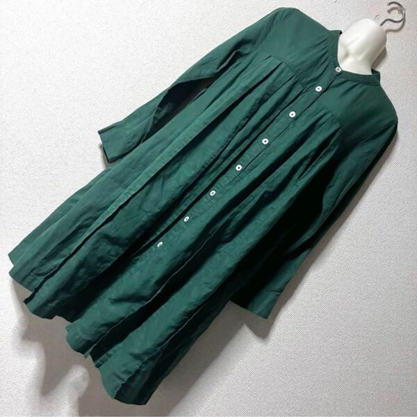 sunnyclouds コットンリネン ワンピース シャツワンピース ロングシャツ グリーン ヒモなし