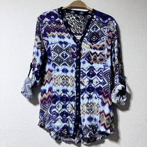 desigual カーディガンタイプ シャツブラウス タイダイ レース ノッチネック