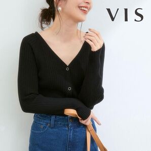 VIS ビス バックポイントVネックリブカーディガン ブラック