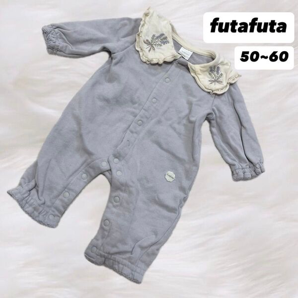 futafuta 襟付きロンパース 50~60サイズ くすみパープル 刺繍 花 カバーオール ロンパース ベビー服 長袖 綿100