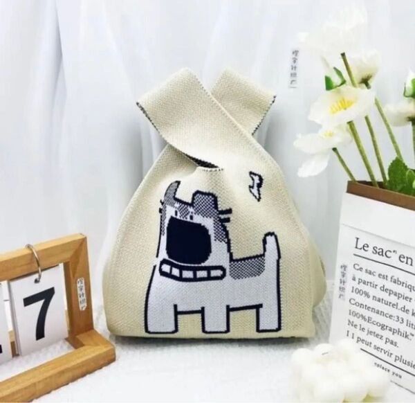 トートバッグ ランチバッグ わんちゃん バンドバッグ 韓国 ニットバッグ ニット シンプル エコ ブラック エコバッグ 犬