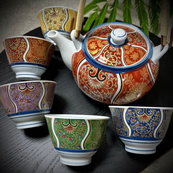 波佐見焼 献上古伊万里 急須セット 湯呑み 5客 土瓶茶器揃 高級品 赤 青 緑 黄 紫 煎茶道具 金彩 茶器セット 高級