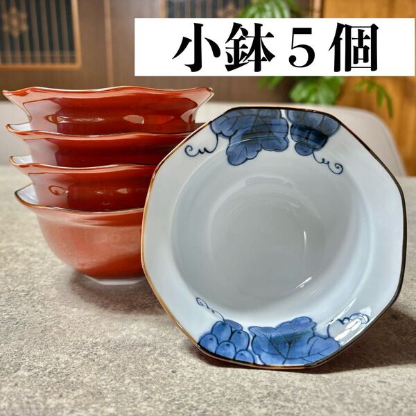 美濃焼 八角小鉢 5点セット 赤 朱色 ぶどう 葡萄 青 和食器 ボウル 多用鉢 食器 深鉢 とんすい お好み鉢 ぶどう柄