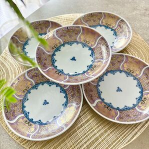 献上古伊万里 取り皿 5枚セット 紫 金彩 皿 Mプレート 和食器 パープル 藤色 唐草模様 曼荼羅 波佐見焼 日本製 ケーキ皿