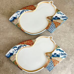 扇瓢箪皿 2枚 高級和食器 平皿 有田焼 縁起物 金彩 手描き 作家 ひょうたん 扇形 ひさご 瓢箪型