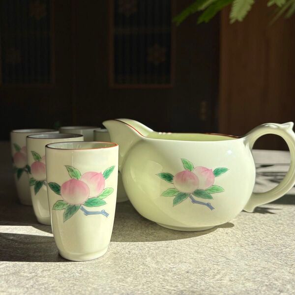 桃絵 台湾茶器セット 茶海 聞香杯 6点セット 湯呑み 急須 湯冷し 桃柄 アイボリー 陶器 ピンク かわいい 蓋なし急須