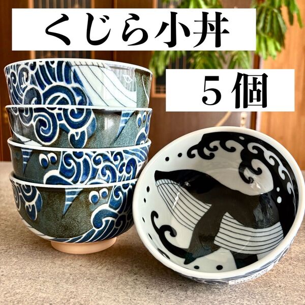 くじら小丼 5点セット 美濃焼 日本製 小どんぶり ミニ丼 鯨柄 白波 和食器 鯨柄 波柄 波模様 丼鉢 五客揃 みのる陶器