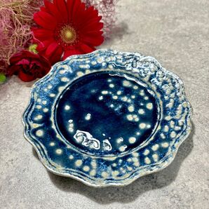 青い月プレート 1枚 13cm 皿 ブルー ヴィンテージ風 青いお皿 油滴天目釉