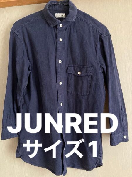 JUNRED シャツ 七分袖 綿100% 襟付きシャツ ネイビー キレイめ カジュアルシャツ トップス 古着 コットン