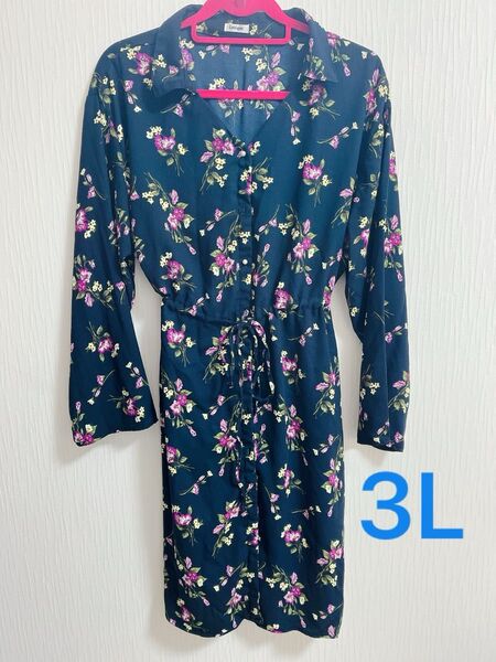 Lutique 花柄 ひざ丈ワンピース 3L 羽織物 シャツワンピ