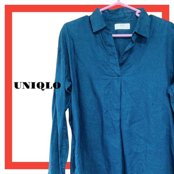 UNIQLO ユニクロ レディース シャツ リネン M 長袖 ネイビー 紺色 麻 長袖シャツ