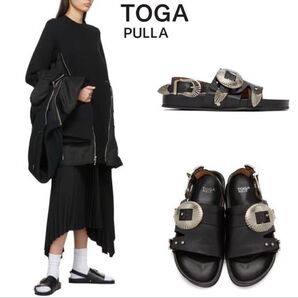 TOGA PULLA トーガプルラ ブラッククロコオーバーサイズバックルサンダル 美品 37