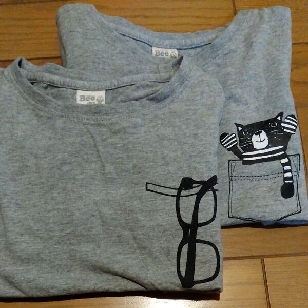 Tシャツ 2枚セット グレー ロンT 長袖 120 女の子 男の子 男女兼用 薄手 無地 メガネ ネコ BEEdesBEE